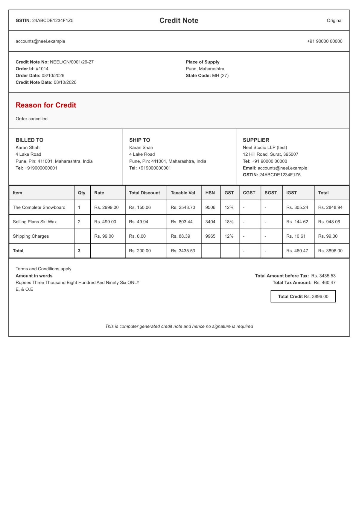 Credit note NEEL/CN/0001/26-27 for a cancelled order: the same items, HSN codes, rates and IGST as its invoice, totalling Rs. 3,896.00.