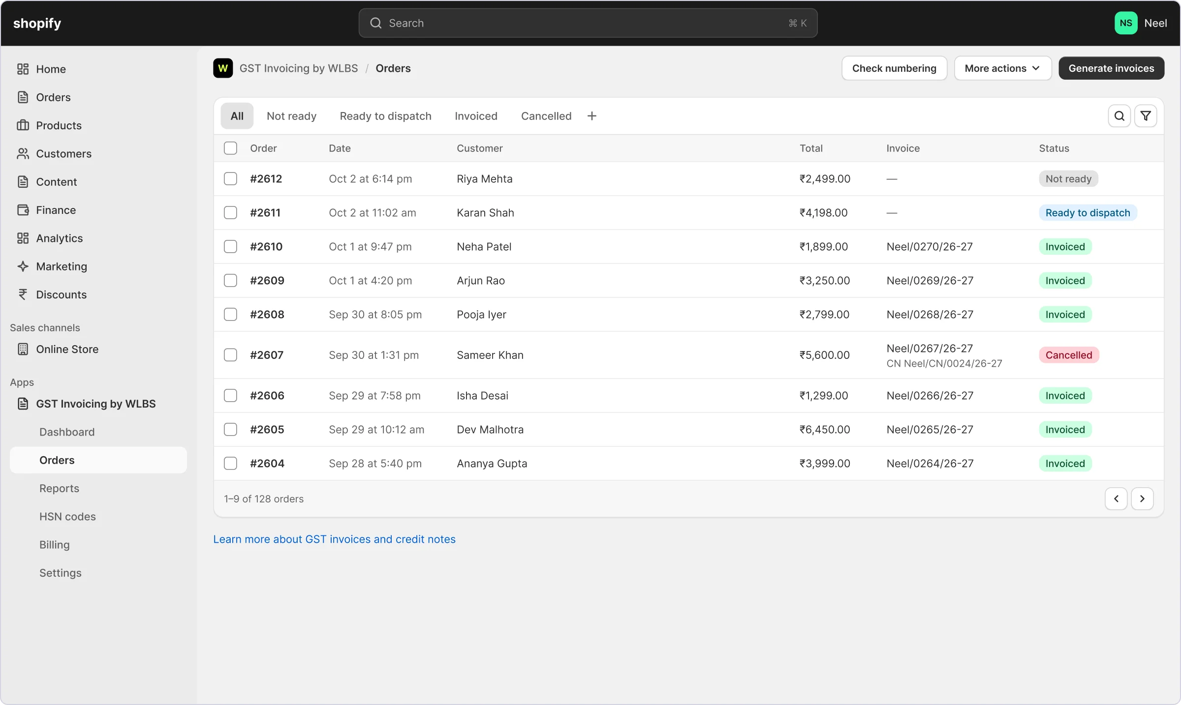 The app’s Orders page in Shopify admin: orders with their invoice numbers and status, and a Check numbering button.
