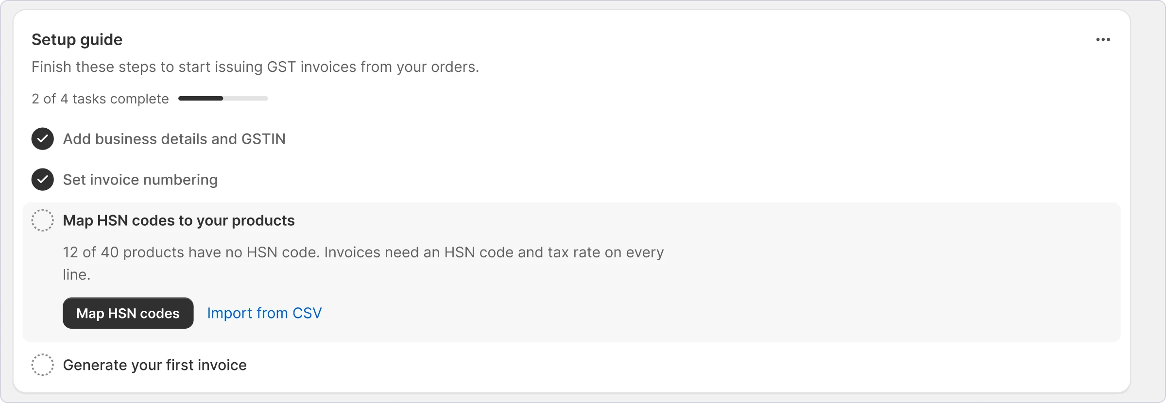 The setup guide on the app’s dashboard: business details and numbering done, HSN codes and the first invoice still to do.