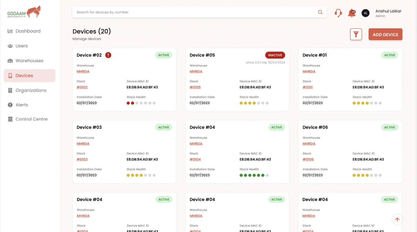 Smart Godaam’s Devices page: each sensor with its warehouse, stack, MAC ID and stack health